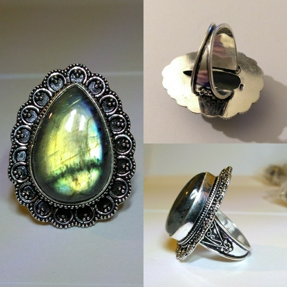 ✨Glowing✨ Fiery Flash Labradorite Gemstone Chunky Handmade Halo Ring - Picture 2 of 3